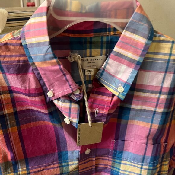 Mens Pink Plaid SlimFit Dress Shirt Club Monaco NWT Size XS - Picture 2 of 4